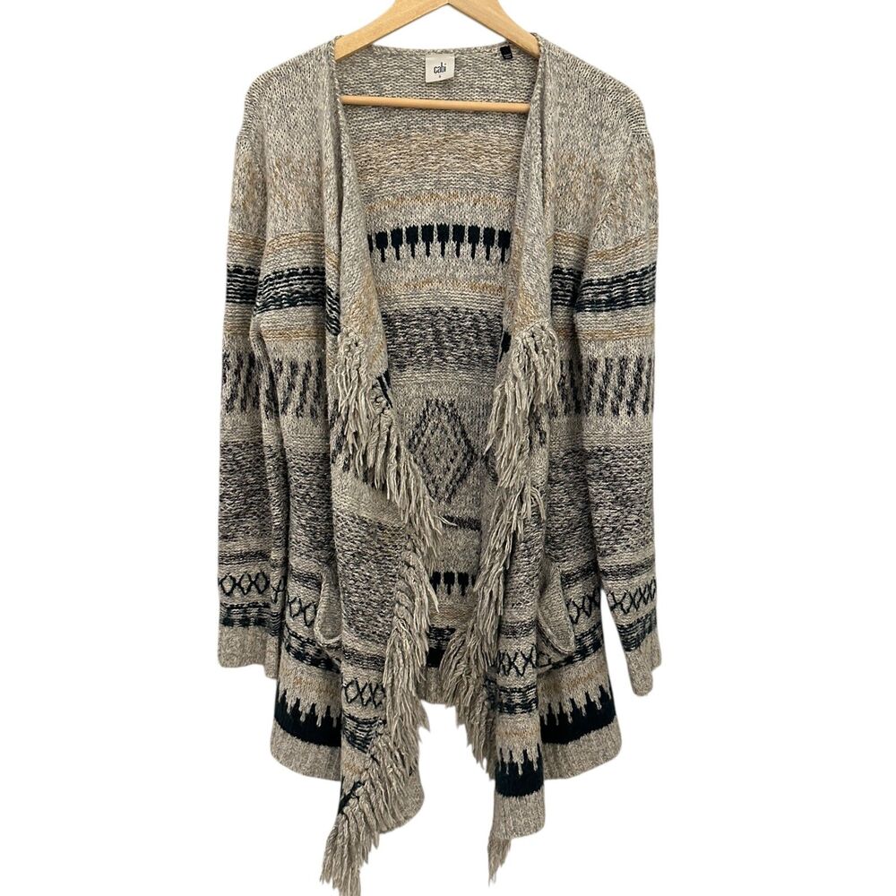 Cabi Grey, Gold + Black Aztec Waterfall Open Cardigan with Fringe Pockets Size S